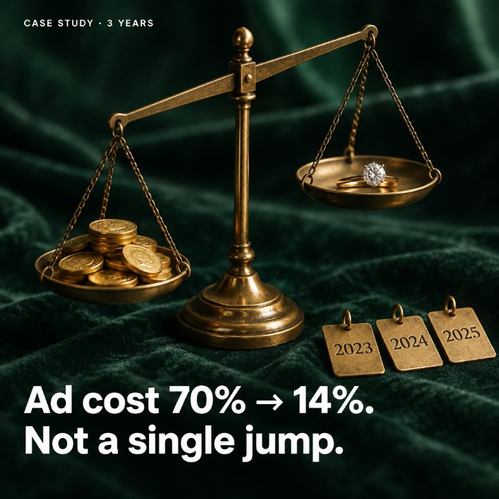 Klenoty Mahdal case study cover: Ad cost 70% → 14%. Not a single jump.