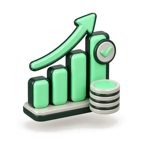 A rising bar chart with an arrow and a check badge