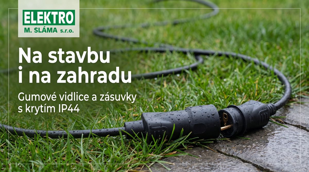 Nová kreativa pro Google Ads: „Na stavbě i na zahradě“ — gumové zástrčky a zásuvky, IP44, 16:9