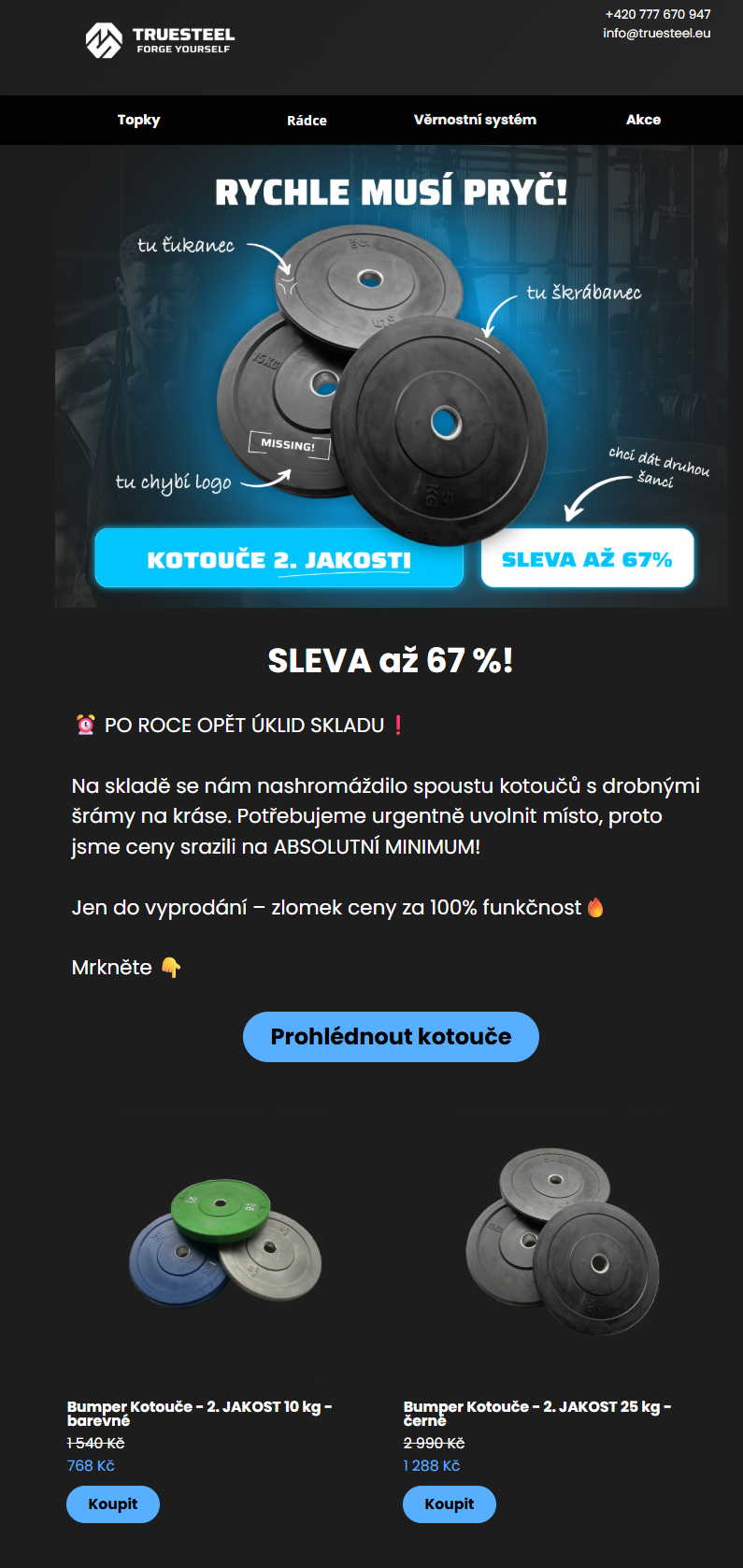 Nový produktový e-mail TrueSteel navržený jako prodejní stránka