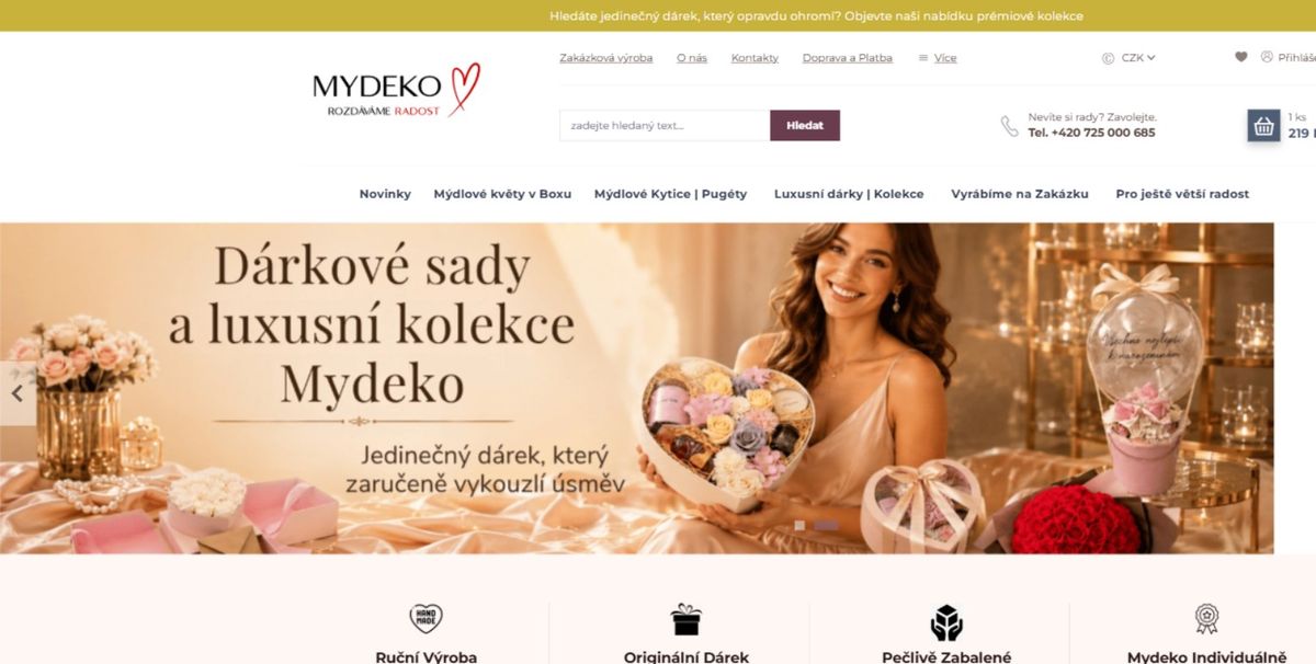 Úvodní stránka mydeko.cz dnes: šest kategorií, dárkové sady hned nahoře