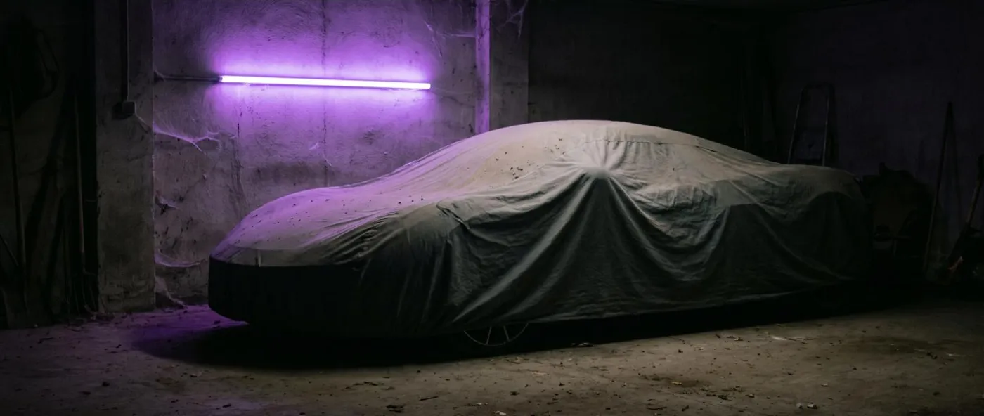 Sportovní auto pod zaprášenou plachtou v tmavé garáži