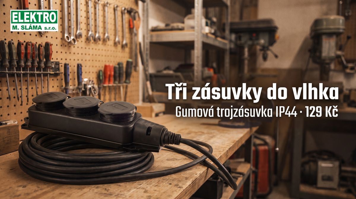 Nová kreativa pro Google Ads: „Tři zásuvky do vlhka“ — gumová trojzásuvka IP44 za 129 Kč, 16:9