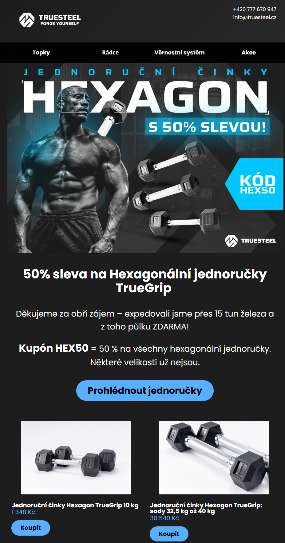 Prodejní e-mail TrueSteel s jasnou nabídkou a výzvou k nákupu