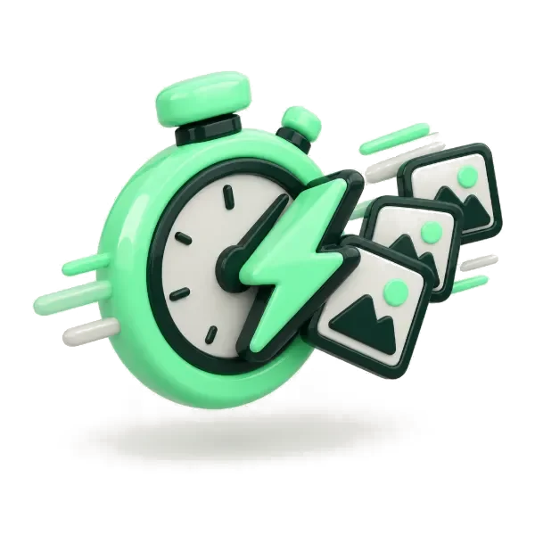 A stopwatch with a lightning bolt and creatives fanning out